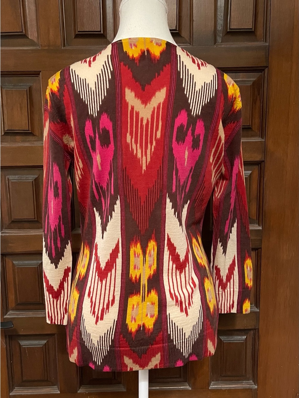 Tory Burch Multicolor V-Neck Patterned Sweater - Burgundy, Pink, Yellow, Cream - Picture 6 of 12